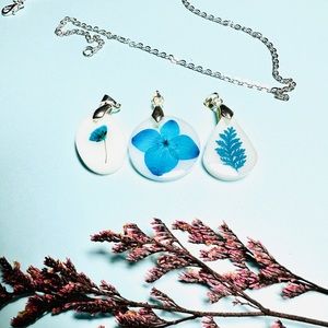 Blue on White Flower Series, Pressed Flower Fern Necklace